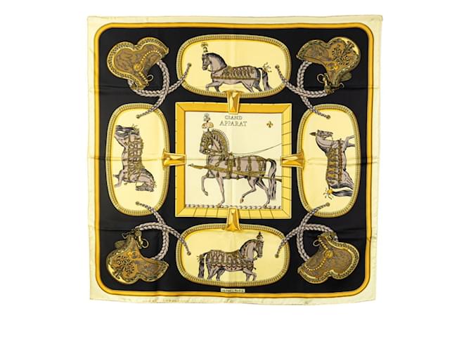 Hermès Carré 90 GRAND APPARAT Écharpe Cheval Habillé Soie Noir Multicolore Jaune  ref.1859588