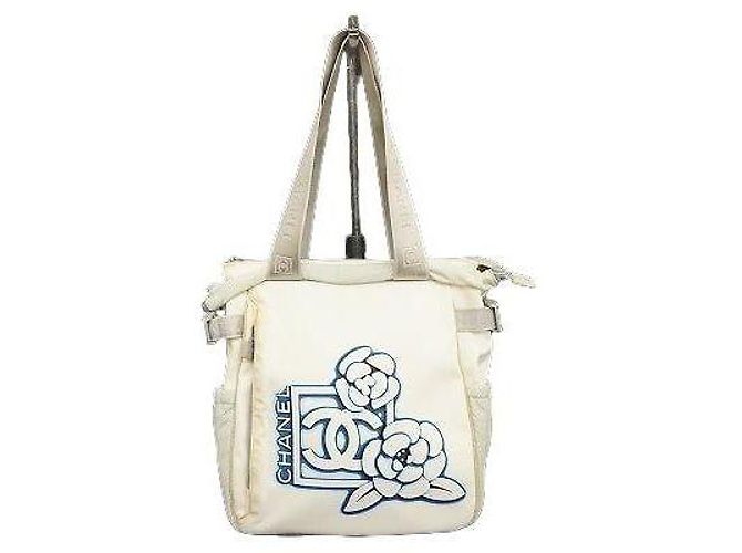 Borsa Tote Chanel Sport Bianca e Blu in Nylon Bianco