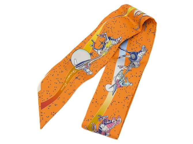 Hermès Foulard Hermes Twilly SPACE DERBY Soie Bleu Orange  ref.1863903