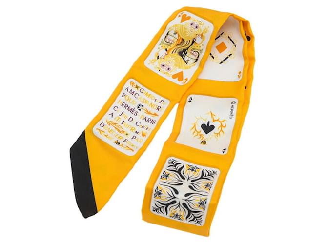 Hermès Foulard Twilly Hermes Jeu de Cartes Soie Noir Blanc Jaune  ref.1863910