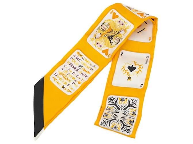 Hermès Foulard Twilly Hermes Jeu de Cartes Soie Noir Blanc Jaune  ref.1863984