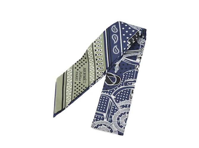 Hermès Hermes Twilly Scarf in Navy and Green Silk Navy blue  ref.1864061