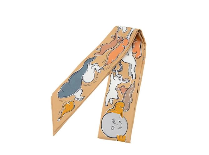 Hermès Foulard Twilly Hermes Mille et Une Lapins Soie Marron  ref.1864158