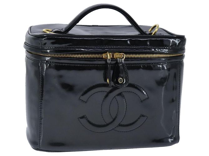 CHANEL Vanity Pouch Esmalte Negro Oro CC Auth bs20242 Dorado