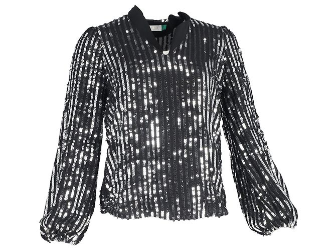Autre Marque Rixo Moss Stripe Peasant Blouse in Black Sequins