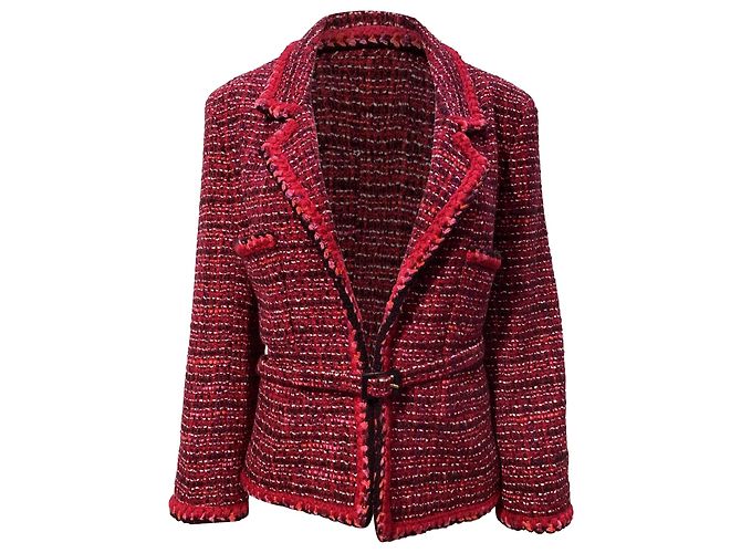 Timeless Chanel Textured Belted Jacket in Red Wool Dark red