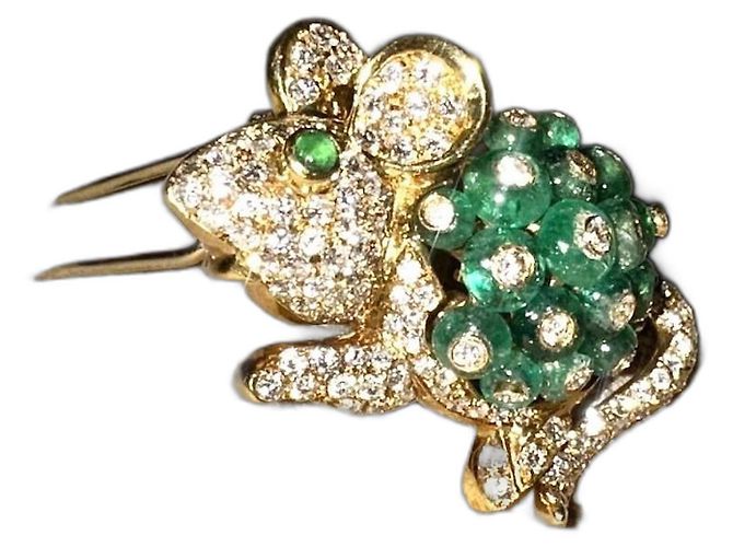 Autre Marque Spilla Topo Giovane in Oro 18K con Smeraldi e Diamanti Verde