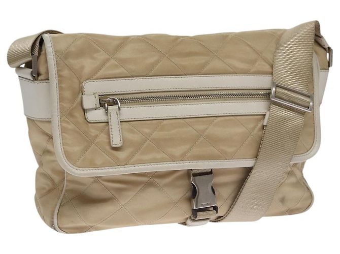 PRADA Bolsa de Ombro Nylon Bege Prata Auth 103773