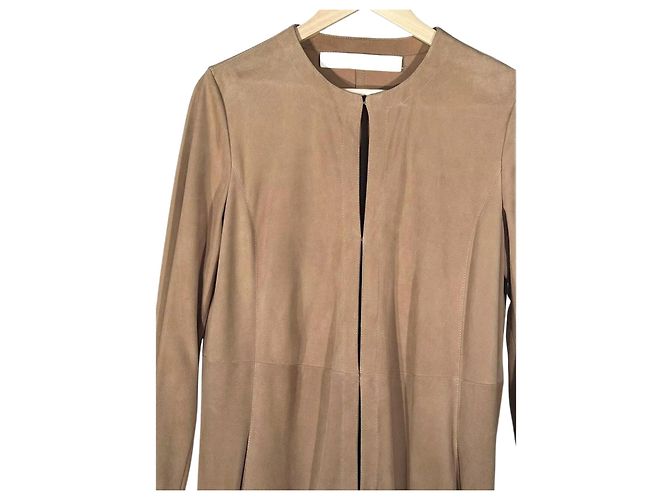 Cappotto Duster in Pelle Scamosciata senza Collo DROMe Beige Marrone