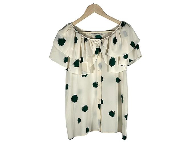 Christian Dior Blusa de Seda Estampada Creme e Verde Cru Verde escuro