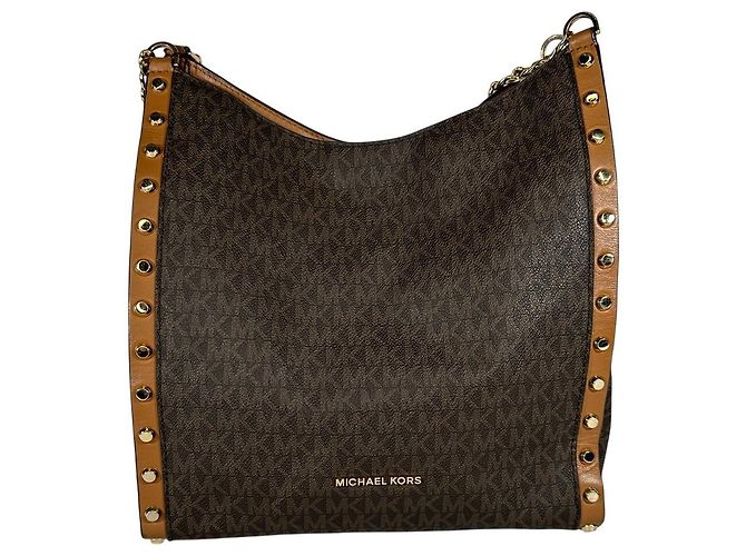 Michael Kors Newbury Medium Chain Stud Shoulder Bag Brown Gold hardware