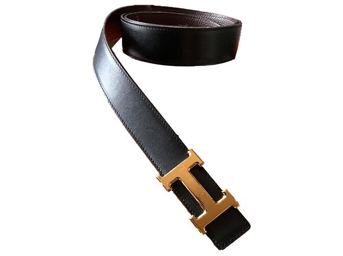 Hermès Cinto Hermes com fivela de placa dourada Preto