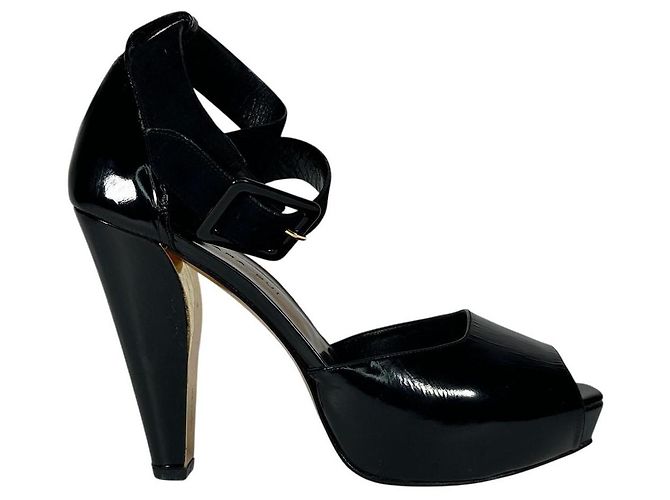 BARBARA BUI Peep Toe Patent Leather High Heel Sandals Black