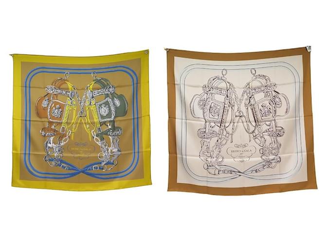 Hermès NEUF FOULARD HERMES BRIDES DE GALA DOUBLE FACE CARRE 90 H901266S SOIE SCARF Jaune  ref.1880598