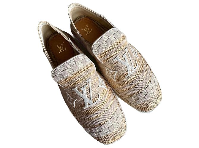 Espadrilles Louis Vuitton Beige Doré Gris Coton Fourrure