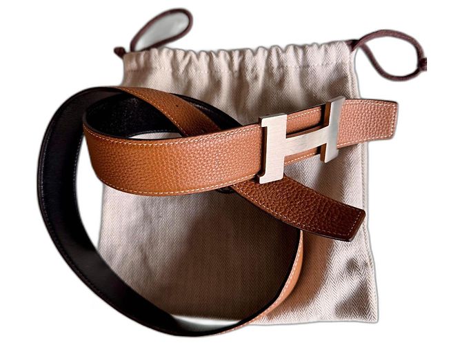 Cinto Hermès Reversível Preto e Marrom Claro com Fivela de Paládio Prata Castanho claro