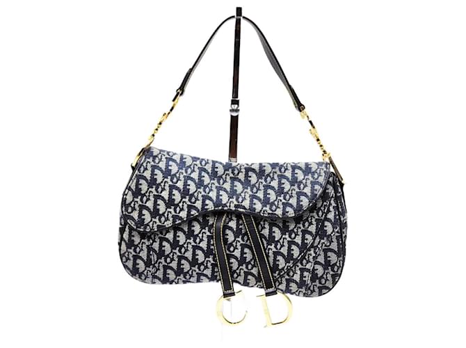 Christian Dior Vintage Trotter Double Saddle Bag Navy blue Cloth  ref.1883056