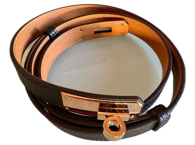 Cinto Hermès Kelly Preto e Marrom Ouro Rosa Dourado Castanho claro