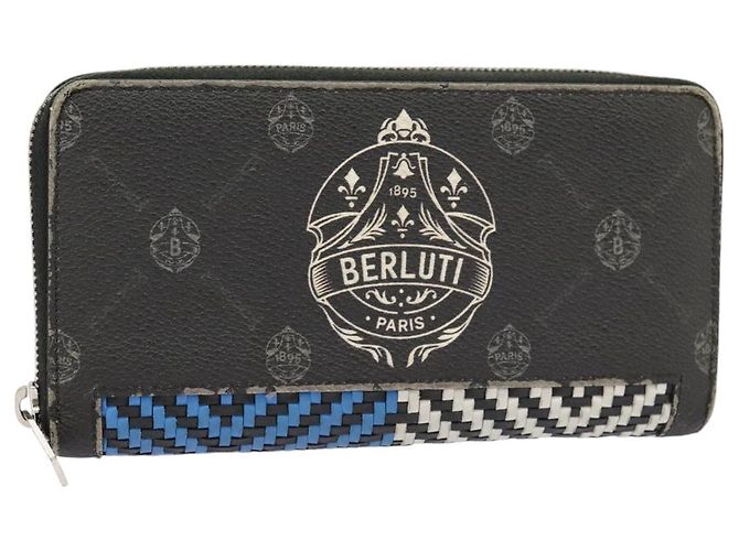 Berluti Lange Geldbörse Leder Schwarz Blau Weiß Auth bs19900