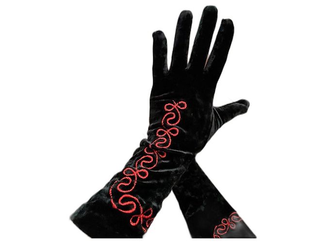 Autre Marque Lange schwarze Samthandschuhe mit roter Stickerei