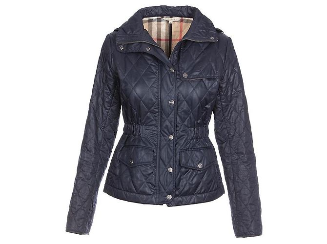 Burberry Quilted Synthetic Zip Front Jacket S Navy blue