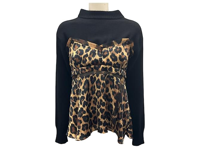 Sacai Tan / Black Leopard Print Knit Pullover Wool  ref.1885982