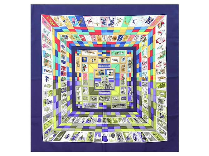 Hermès Écharpe Grande Lettre Correspondance Hermes Carre 90 Soie Multicolore Bleu Marine  ref.1887052