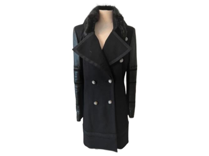 Barbara Bui Black Wool Coat with Leather Sleeves