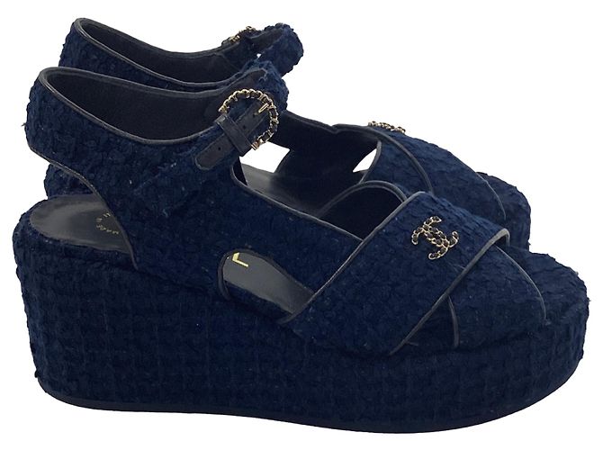 Timeless Sandali con zeppa Chanel CC in tweed di cotone blu
