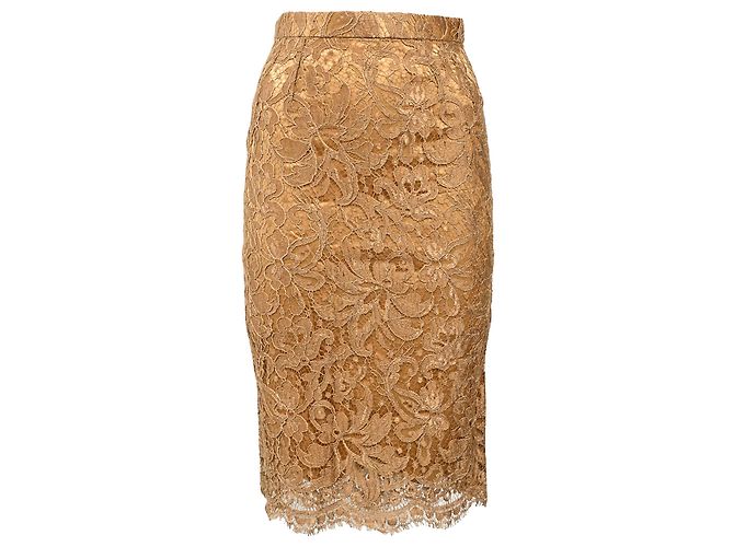 Midi-Bleistiftrock aus brauner Viskose mit Spitzendetails von Dolce & Gabbana