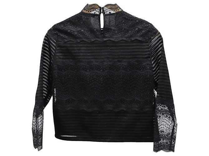 Maje Spitzenbluse mit hohem Kragen aus schwarzem Polyester
