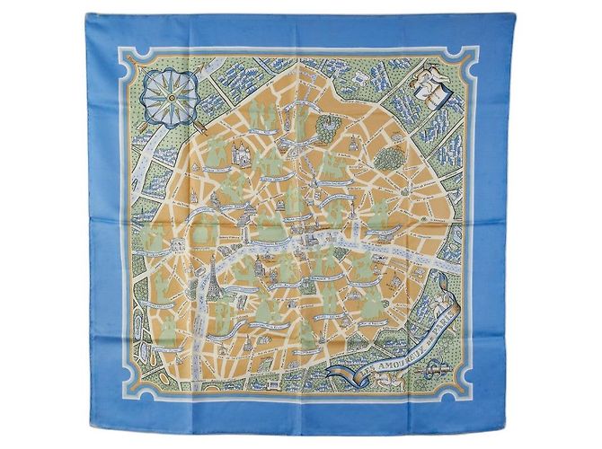 Bufanda de seda Hermès LES AMOUREUX DE PARIS Azul