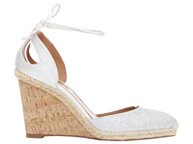Aquazzura Palm Beach Metallic Glitter Cork Wedge Sandals Silvery Leather  ref.1893572
