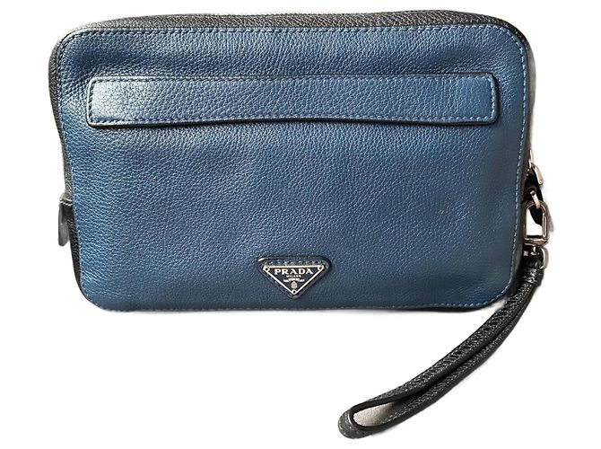 Pochette Prada in pelle nera e blu con zip Nero