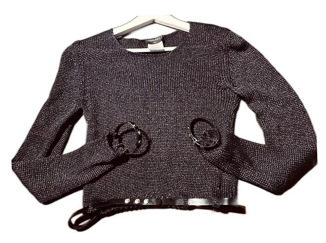 Pullovergürtel und Bündchen mit cc-Logo Chanel Schwarz Silber Anthrazitgrau 