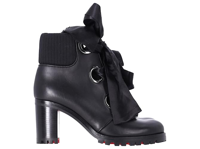  Christian Louboutin Jenny Bow Lace Heeled Ankle Boots in Black Calf Leather Pony-style calfskin  ref.1896135