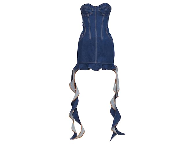 Autre Marque David Koma Corset Denim cotton cascade sides mini dress Blue  ref.1897110