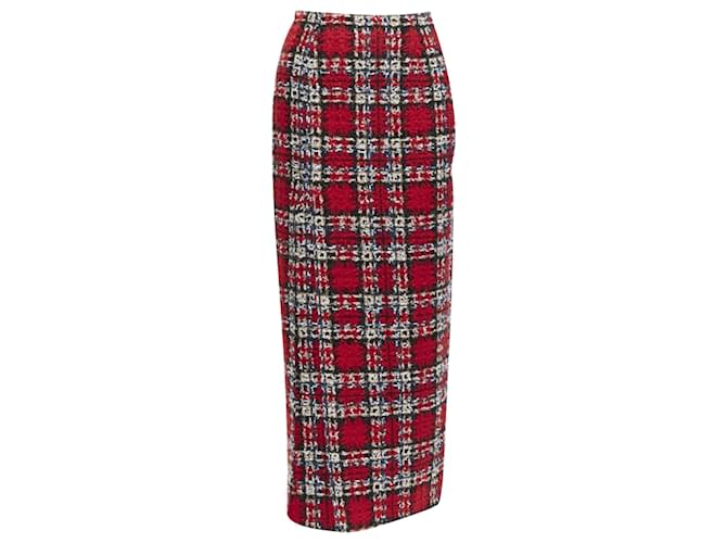 Autre Marque Halpern plaid check tweed high slpencil midi skirt Red Wool  ref.1897489