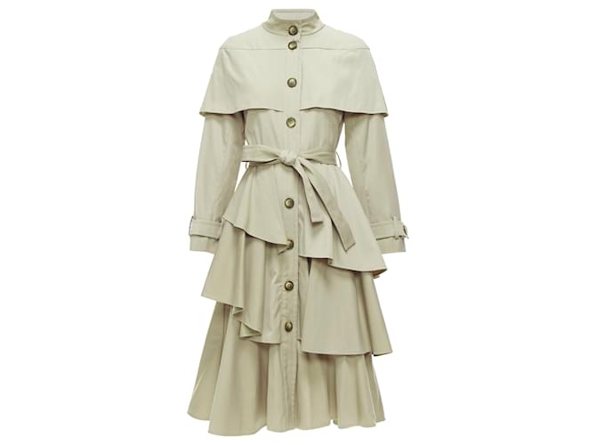 Autre Marque Osman London Cotton Tiered Ruffle Capelet Belted Long Trench Coat Green Khaki  ref.1897677