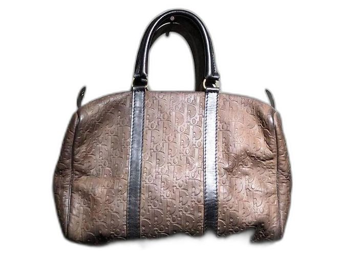 Dior Leather Embossed Diorissimo Pattern Trotter Boston Bag Brown