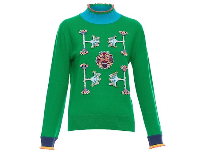 Autre Marque Vivienne Tam merino wool cashmere oriental patch sweater Green  ref.1897930
