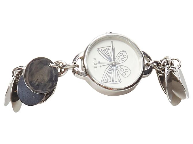 Orologio da polso con bracciale a catena e disco argento logo farfalla Furla scribble