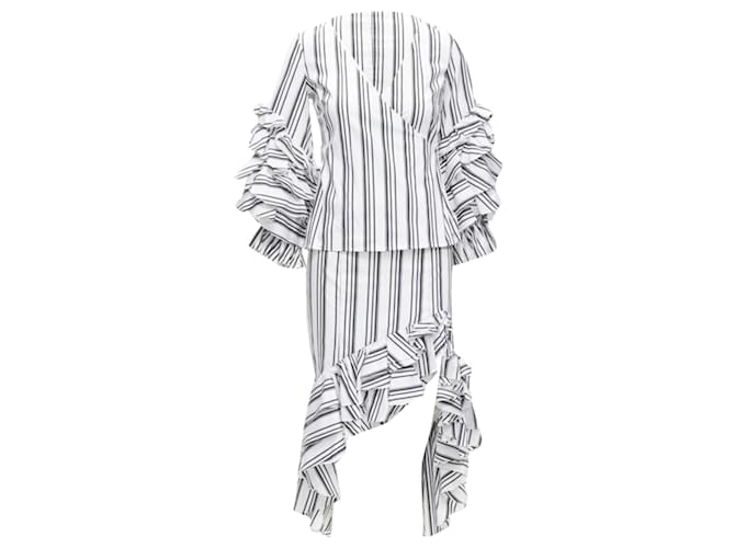 Autre Marque Caroline Constas ruffled stripes wrap top high low skirt set White Cotton  ref.1898577