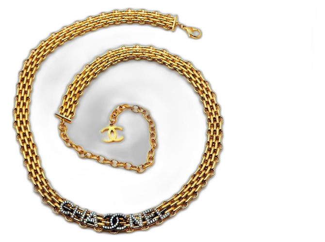 Collier ceinture Chanel Mademoiselle Chain CC Coco Crystal Bijouterie dorée