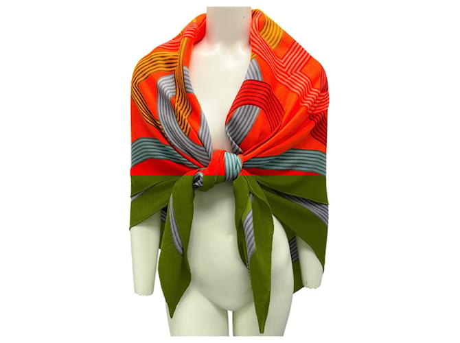 Hermès Hermes Orange / Red Multi Circuit 24 Faubourg Large Cashmere and Silk Scarf Multiple colors  ref.1900356
