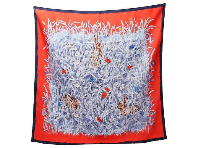 Hermès Hermes Silk Scarf Carré 90 Lapins Dans un Champ Red