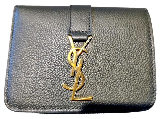 Cartera Saint Laurent de cuero verde con logo dorado