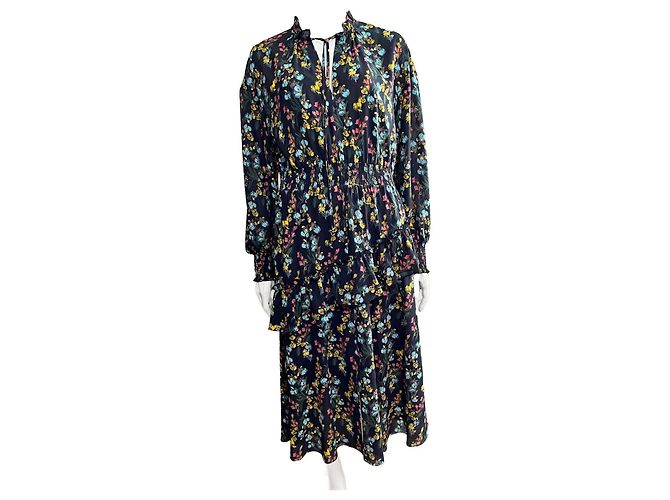 Vestido midi negro y floral Marchesa Notte con manga larga Multicolor