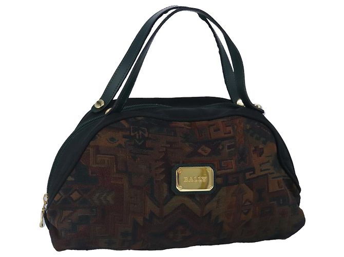 BALLY Hand Bag Canvas Green Brown Auth ti2363