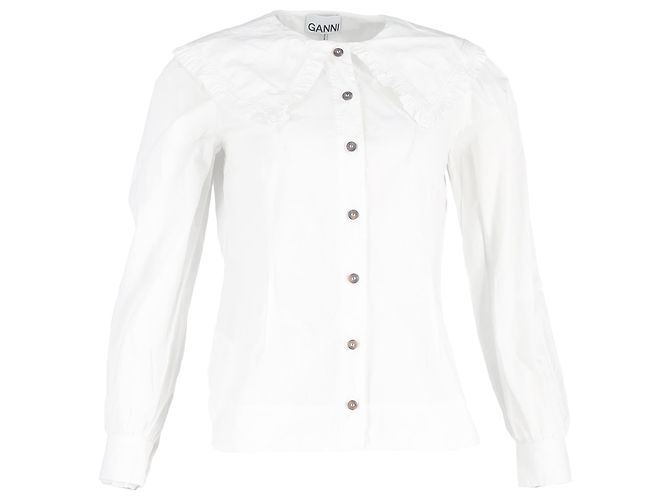 Camisa de botón con cuello oversized en algodón blanco Ganni